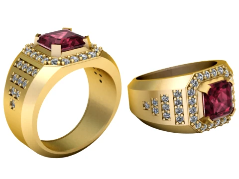 Ruby Diamond Gold Signet Ring 3D Model