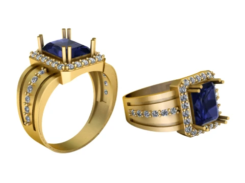 Blue Sapphire Diamond Gold Ring 3D Model