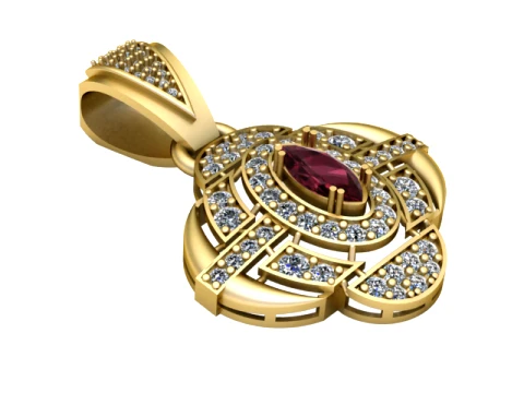 Pingente Floral Dourado Diamante Rubi Modelo 3D