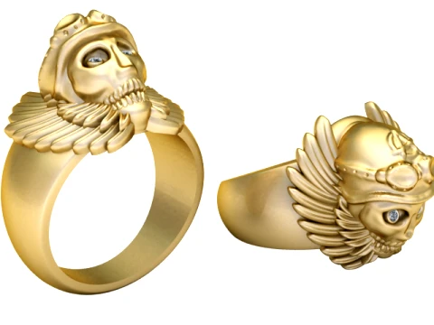 Anel de sinete de ouro com caveira alada Modelo 3D