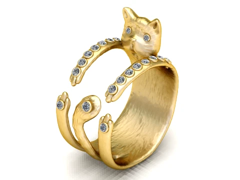 Gemstone Hugging Cat Gold Ring 3D Model