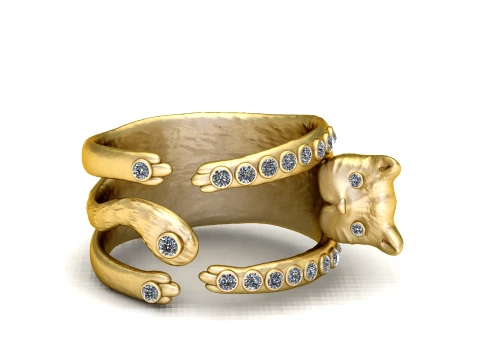 Gemstone Hugging Cat Gold Ring 3D Model