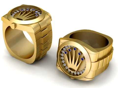 Crown Emblem Gemstone Gold Watch Ring 3D Model