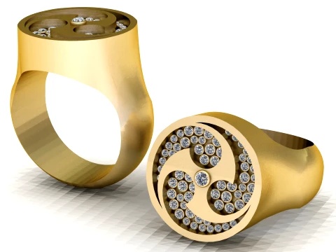 Triple Swirl Gemstone Gold Signet Ring 3D Модель