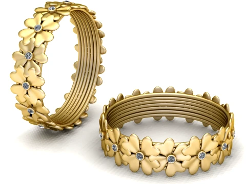 Floral Gemstone Gold Bangle Bracelet Modèle 3D