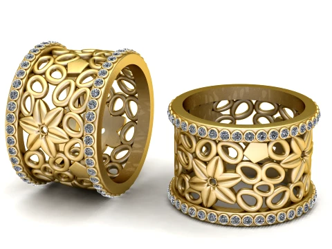 Floral Openwork Gemstone Gold Band Ring 3D Model