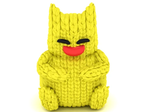 Cute Yellow Knitted Cat Plush Toy with Big Smile 3D Model