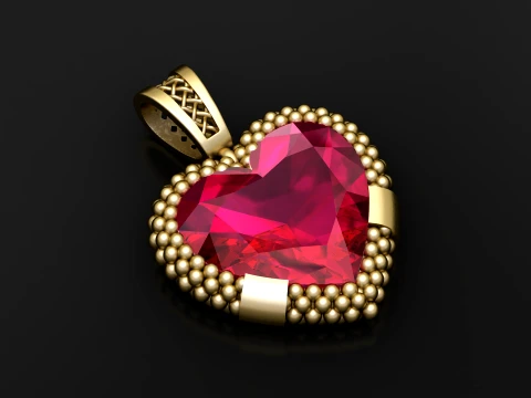 Ruby Heart Gold Pendant 3D Model