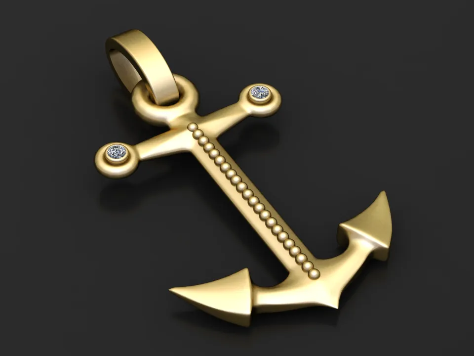 Gold Anchor Diamond Pendant 3D Model .c4d .max .obj .3ds .fbx .stl .blend