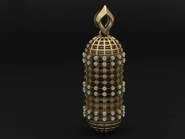 Cylindrical Cage Diamond Gold Pendant 3D Model .c4d .max .obj .3ds .fbx .stl .blend