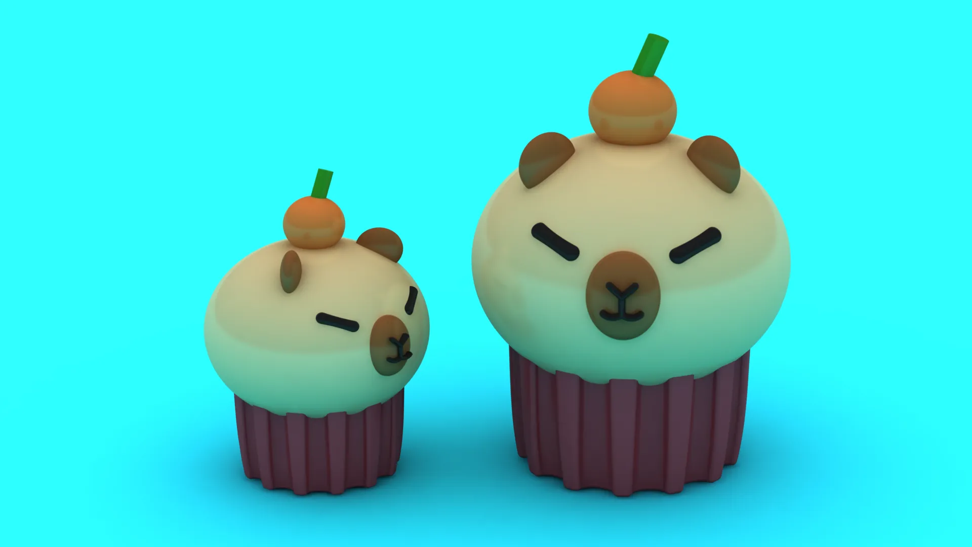 Cute Capybara Cupcake Pair - 3D Printable Kawaii Figure Set 3D Print Model .c4d .max .obj .3ds .fbx .stl .blend