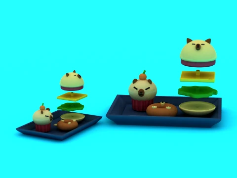 Capybara Burger Dessert Meal Set - Stackable 3D Printable Toy Modello di stampa 3D