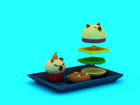 Capybara Burger Dessert Meal Set - Stackable 3D Printable Toy 3D Print Model