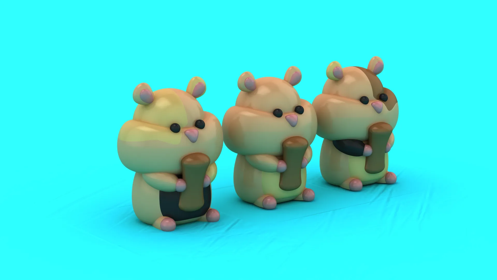 Cute Hamster Trio with Bamboo Treats - 3D Printable Chibi Figure Set 3D Print Model .c4d .max .obj .3ds .fbx .stl .blend 