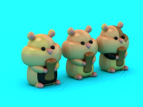 Cute Hamster Trio with Bamboo Treats - 3D Printable Chibi Figure Set 3D Print Model