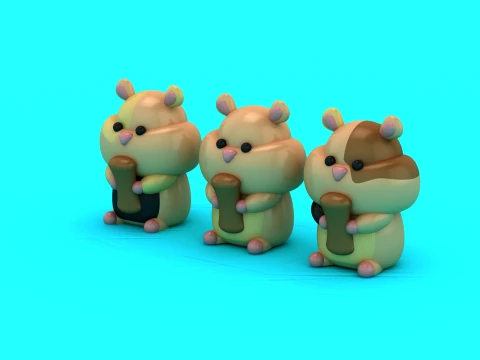 Cute Hamster Trio with Bamboo Treats - 3D Printable Chibi Figure Set 3D Print Model