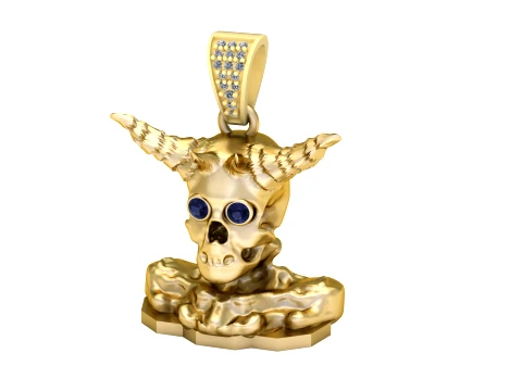 Horned Skull Blue Gemstone Pendant 3D Model