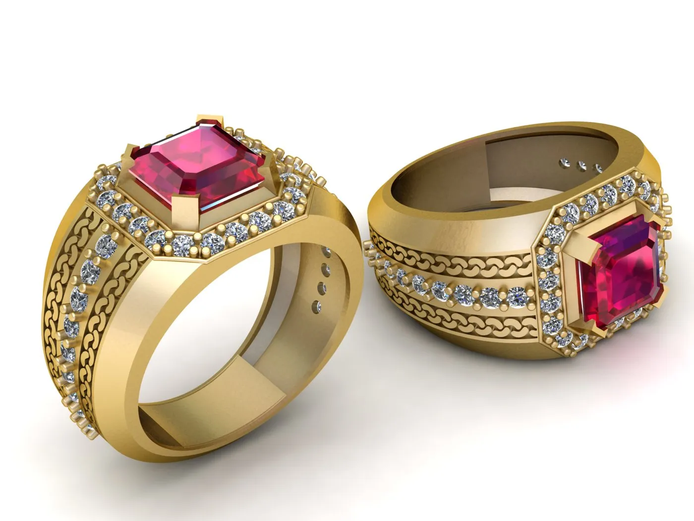 Ruby and Diamond Gold Statement Ring 3D Model .c4d .max .obj .3ds .fbx .stl .blend 