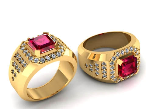 Ruby Diamond Gold Signet Ring 3D Model
