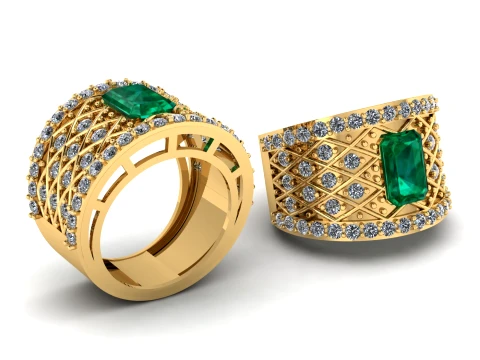 Emerald Diamond Lattice Gold Ring 3D Model