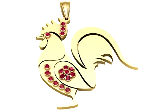 Ruby Rooster Gold Pendant 3D Model