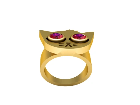 Ruby-Eyed Cat Gold Ring 3D Model
