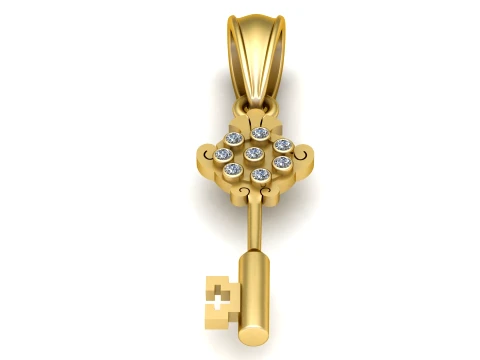Elegant Gold Vintage Diamond Key Pendant 3D Model