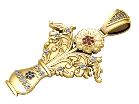 Elegant Gold Floral Bouquet Gemstone Pendant 3D Model