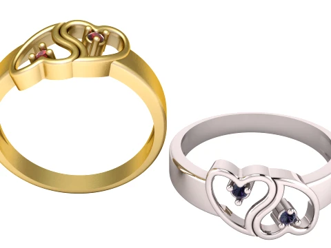 Elegant Double Heart Gold and Silver Gemstone Rings 3D Modell