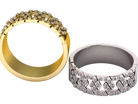 Luxury Gold and Silver Geometric Diamond Band Rings 3D Modell