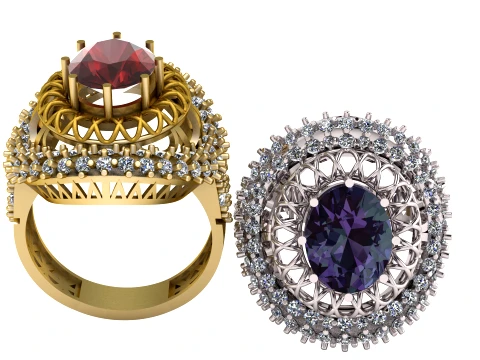 Luxury Oval Gemstone Halo Statement Rings 3D Modell
