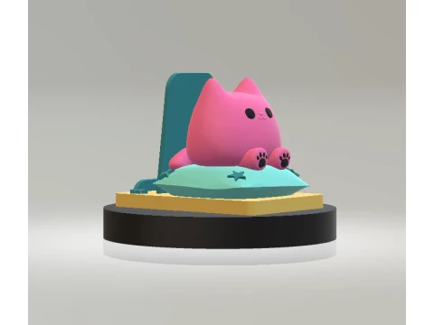 Cute Pink Cat Sitting on Blue Pillow 3D Model