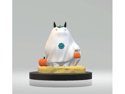 Fantasma fofo de Halloween segurando uma estatueta de ab&oacute;bora Modelo 3D