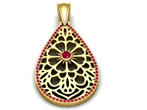 Gold Teardrop Pendant with Ruby Red Gemstones Modello 3D