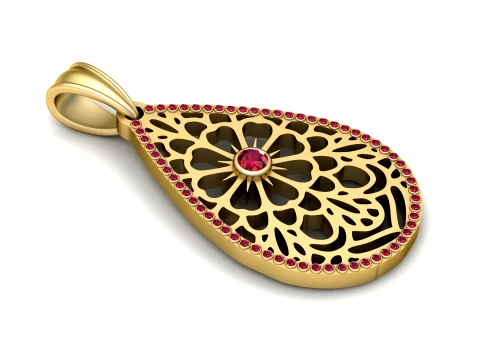 Gold Teardrop Pendant with Ruby Red Gemstones 3D Model