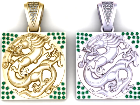 Golden Dragon Square Pendant 3D Printable Jewelry 3D 모델