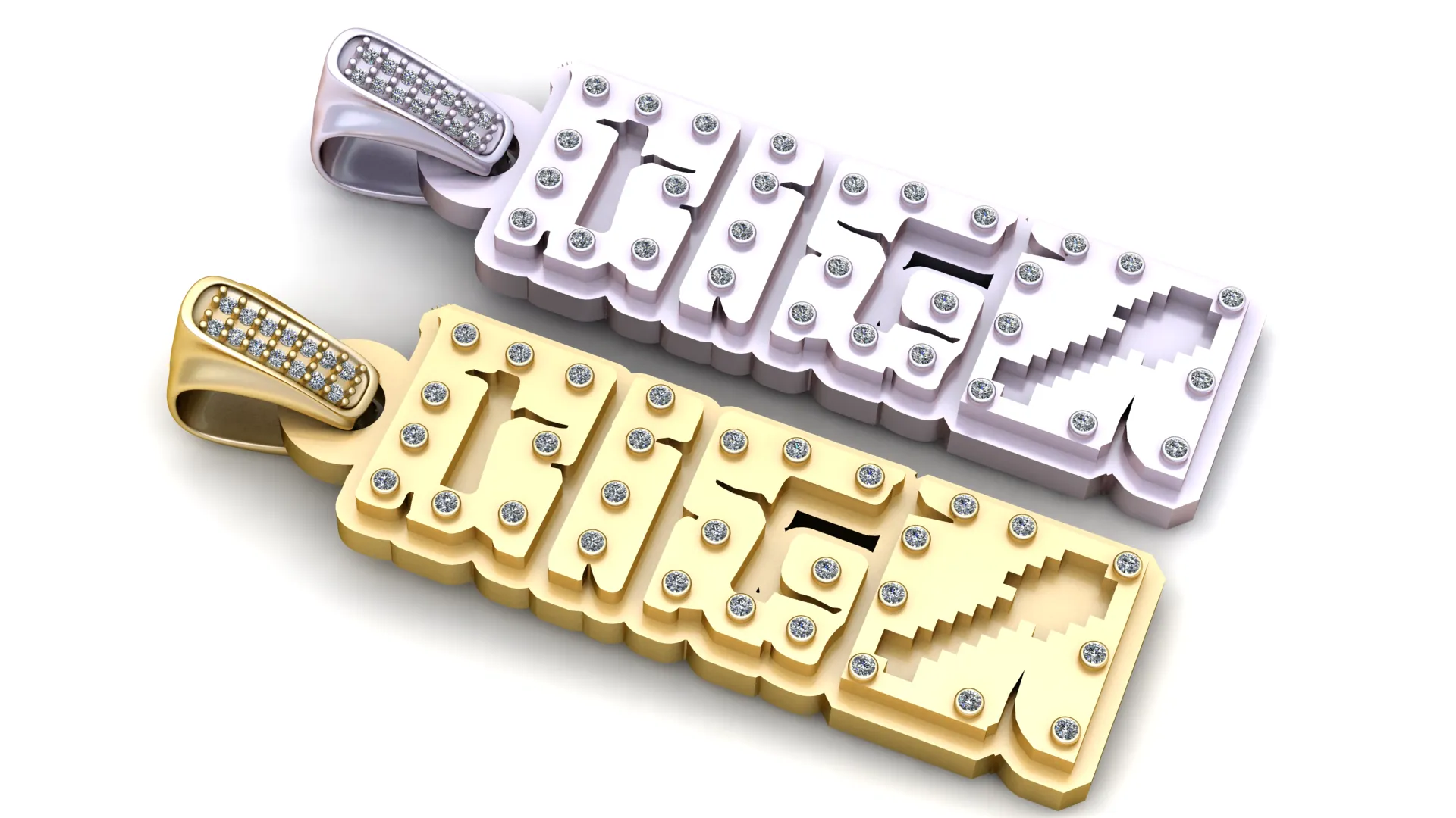 Luxury Diamond Studded Pixel Style Name Pendant 3D Model .c4d .max .obj .3ds .fbx .stl .blend 