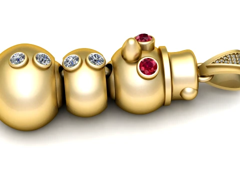 Golden Gold Snowman Pendant with Red Gemstone Eyes and Diamond Accents Modelo 3D