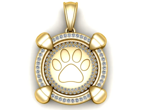 Luxury Gold Paw Print Pendant with Diamond Accents 3D Model