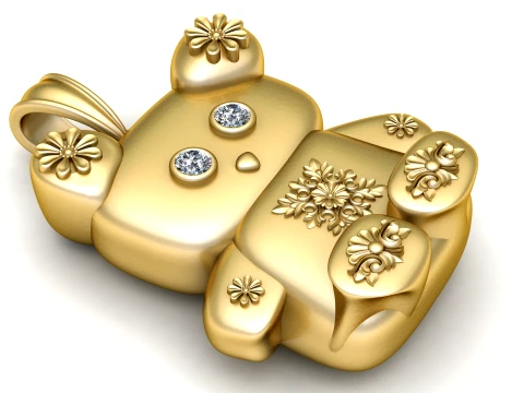 Luxury Gold Teddy Bear Pendant with Diamond Eyes 3D Model