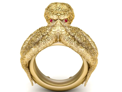 Ornate Gold Octopus Ring with Ruby Red Eyes 3Dモデル