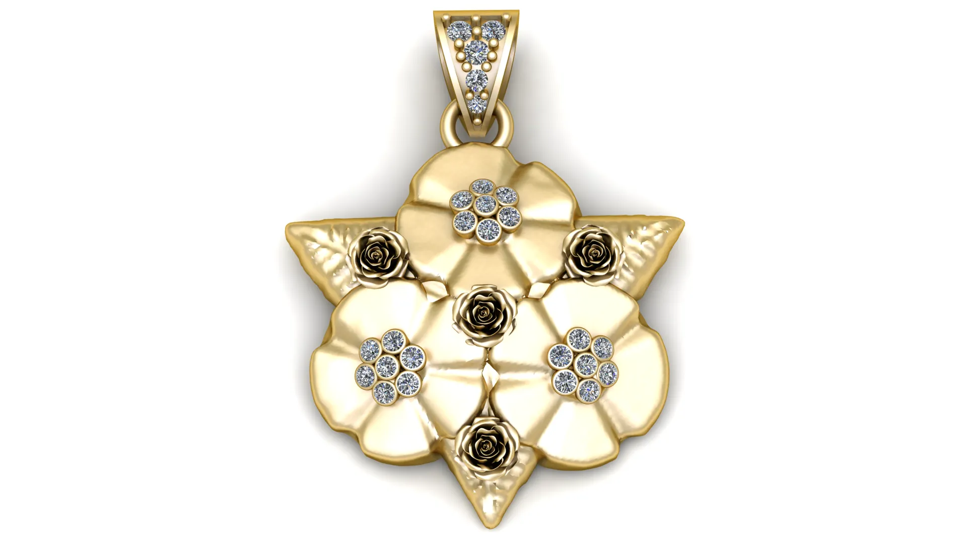 Luxury Gold Floral Rose Diamond Pendant 3D Model .c4d .max .obj .3ds .fbx .stl .blend 