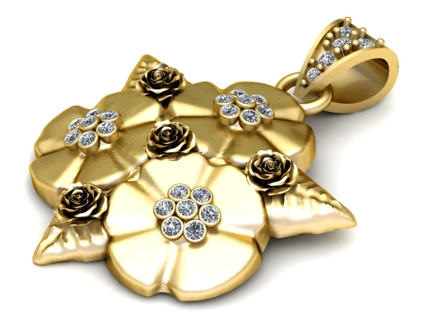 Luxury Gold Floral Rose Diamond Pendant 3D Model