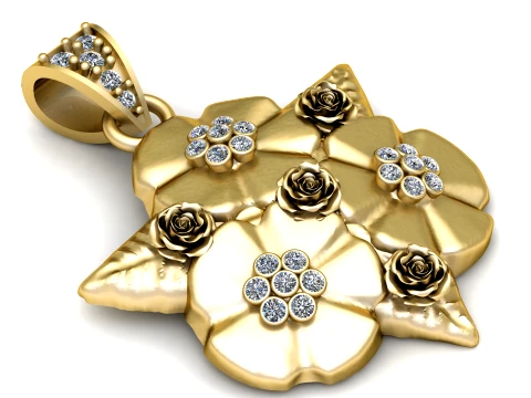 Luxury Gold Floral Rose Diamond Pendant 3D Model