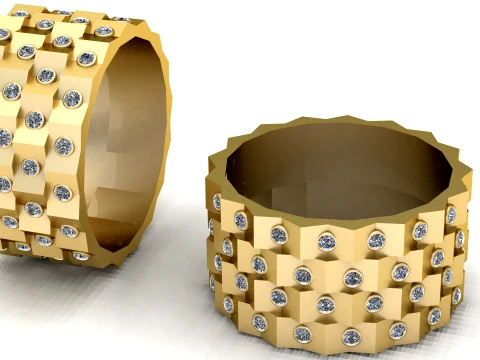 Luxury Gold Geometric Diamond Wide Band Ring 3D Model