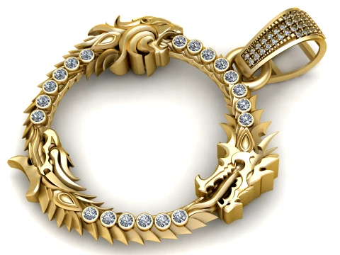 Luxury Gold Double Dragon Diamond Circle Pendant Modello 3D