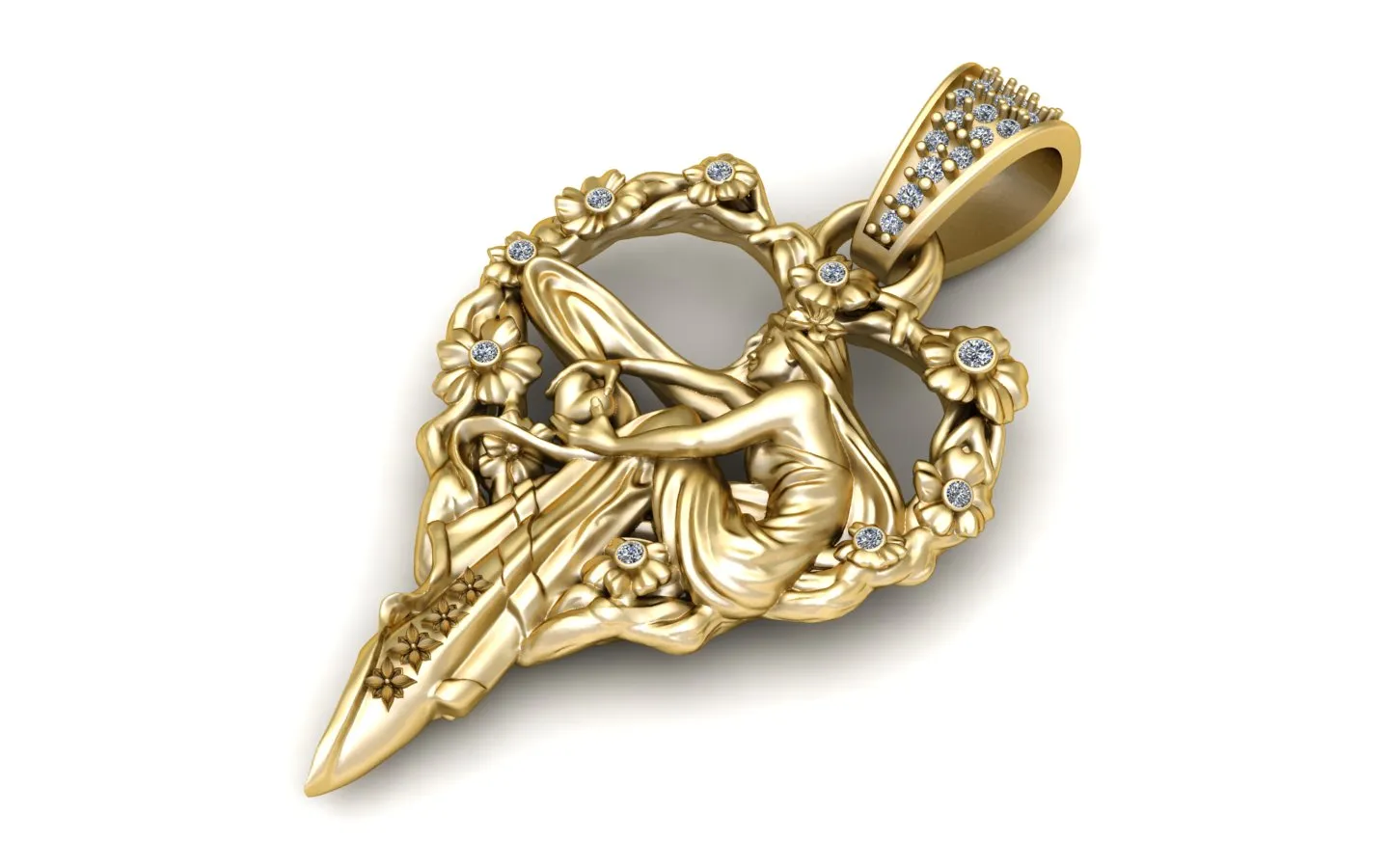 Luxury Gold Fairy Angel Floral Diamond Pendant 3D Model .c4d .max .obj .3ds .fbx .stl .blend 