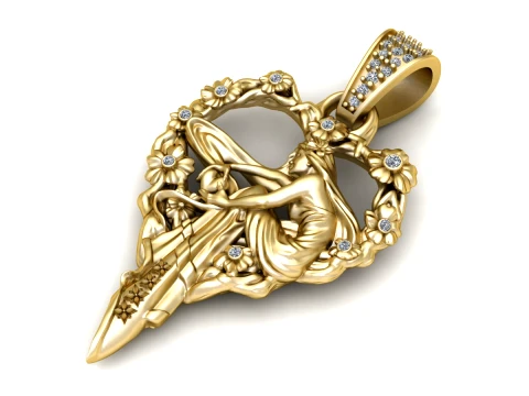 Luxury Gold Fairy Angel Floral Diamond Pendant 3Dモデル