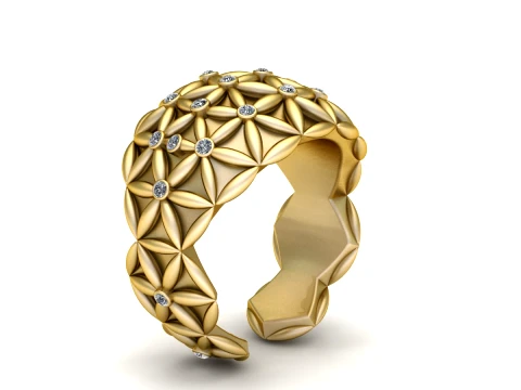 Luxury Gold Floral Diamond Wide Band Ring 3Dモデル