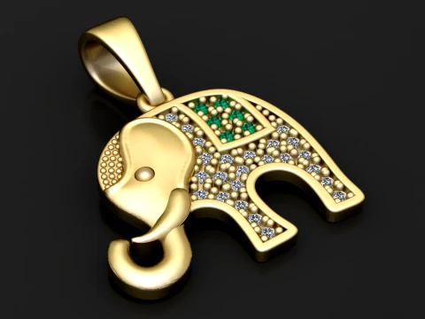 Gold Elephant Pendant with Green Gemstones Model 3D